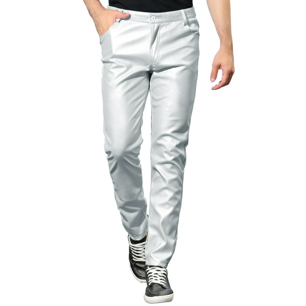 Pantalones de hombre Inspire Chic de imitación de cuero, ajustados, con cremallera, color sólido, talla 32, plateados