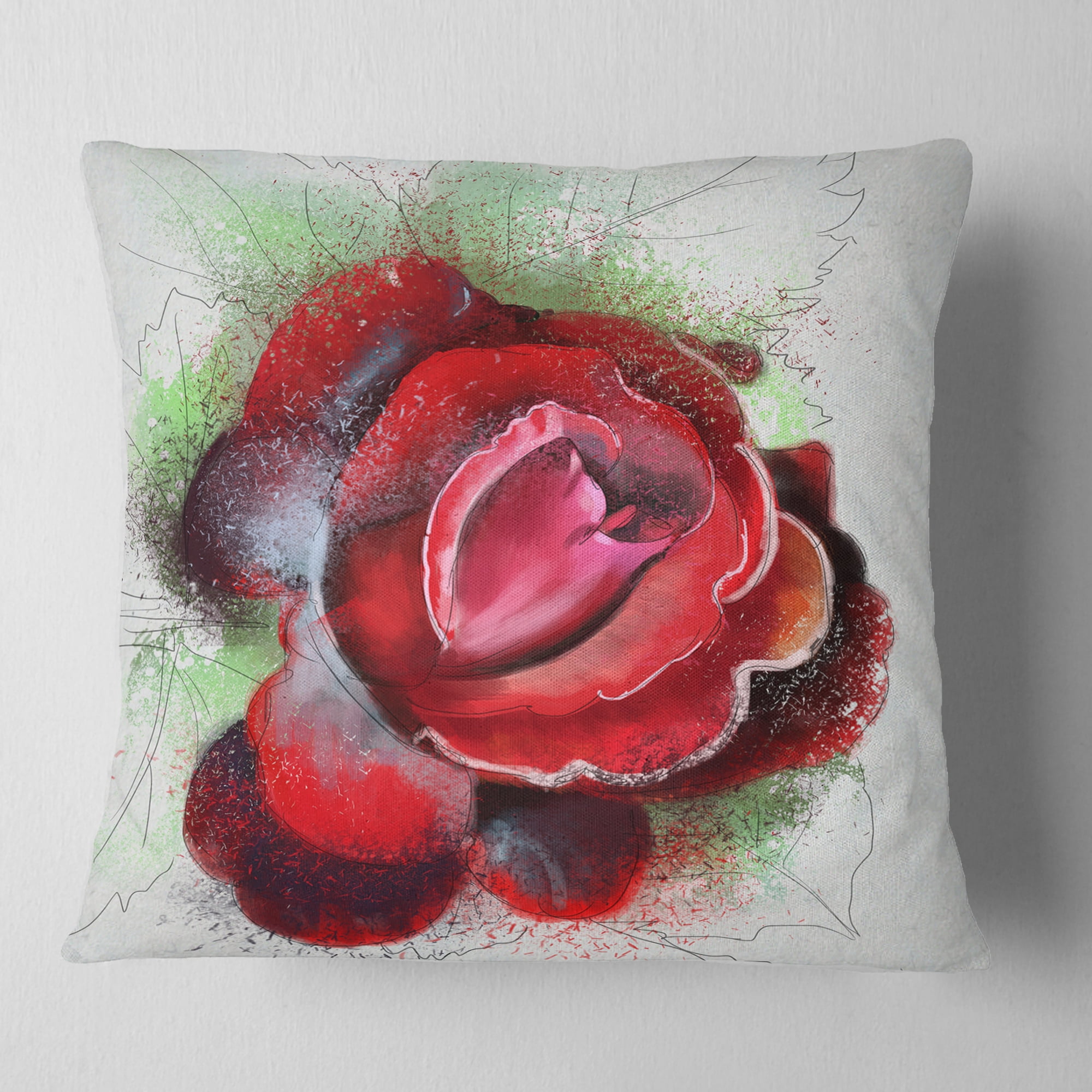 Designart Beautiful Red Rose with Green Shade - Floral Throw Pillow - 16x16