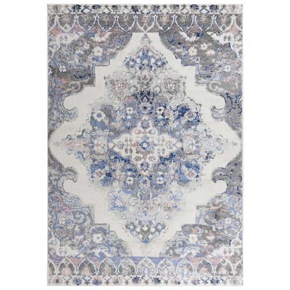 Woven Trends Stephen Runner Rug MRQ845 Modern Style, Medallion Pattern, Pet & Family Friendly, Living Room, Entryway, Office, Low Pile Power Loomed Polypropylene Runner Rug in Light Blue - 2' x 7'