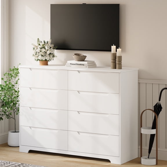 Asofer 8 Drawer Dresser for Bedroom, White Wood Storage Cabinet, Double Dresser for Bedroom Living Room