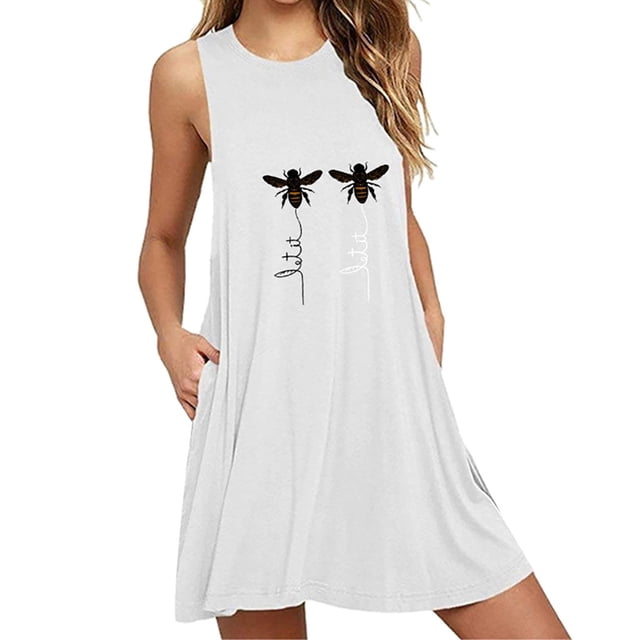 Baikeli Liquidation Robes Boho Robes d'Été pour Femmes Robe Soleil à Motif Imprimé Coupe Trapèze Sans Manches Ensembles Grande Taille Robes de Nuit Robe à Bretelles Robes pour Femmes