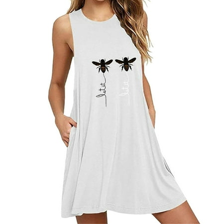 

XIAOFFENN Fashion Womens O-Neck Pocket Printing Sleeveless Casual Nightdress Dresses