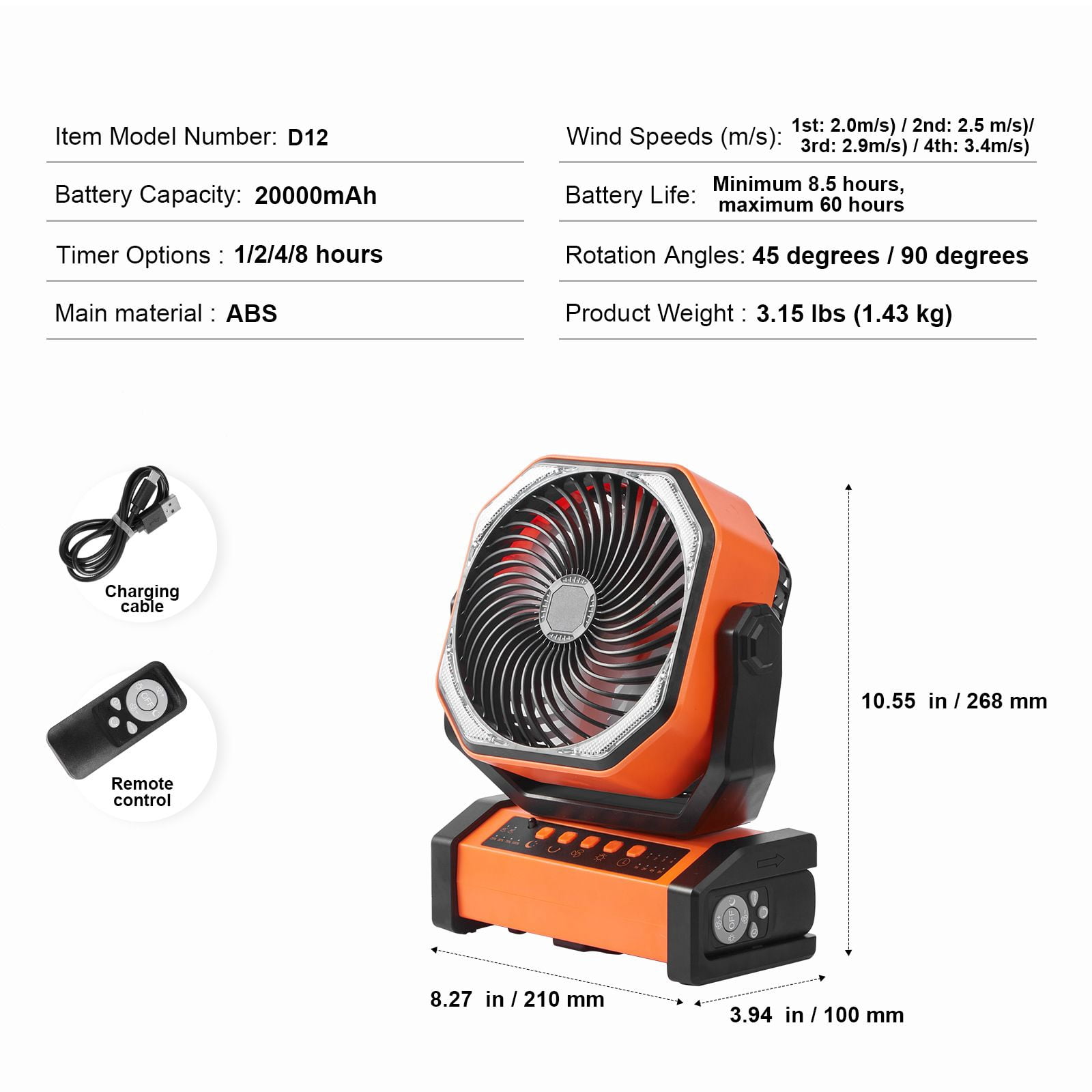 90° Portable Fan Rechargeable 9 Inch, 4 Speeds Adjustable & 45°/90°Automatic Swivel & Timer, High-Quality Battery, Thoughtful, for home garage workshop dryer and utility ventilation use