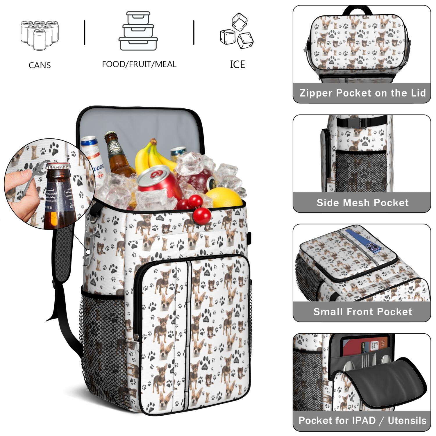 Travel Cooler Bag - Chihuahua and Footprints Camping Beer Cooler Backpack with Bottle Opener- Waterproof Insulated Picnic Backpacks - Cooler Bag for Beach