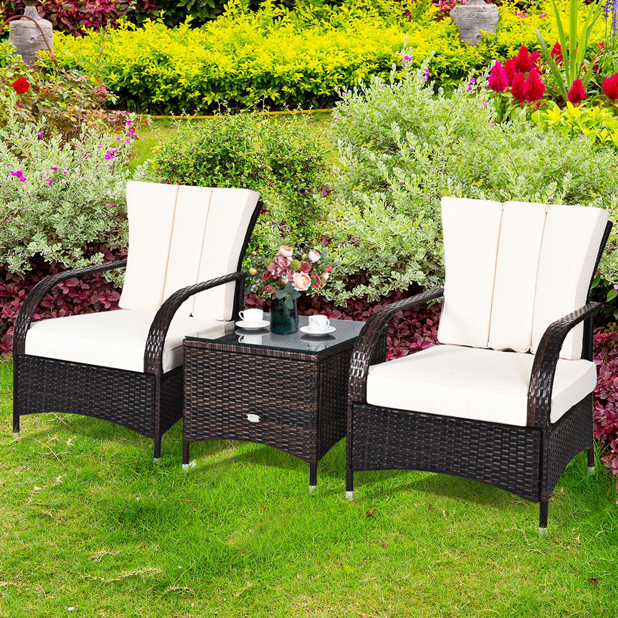 Gymax 3PCS Patio Rattan Conversation Set Outdoor Furniture Set w/ White