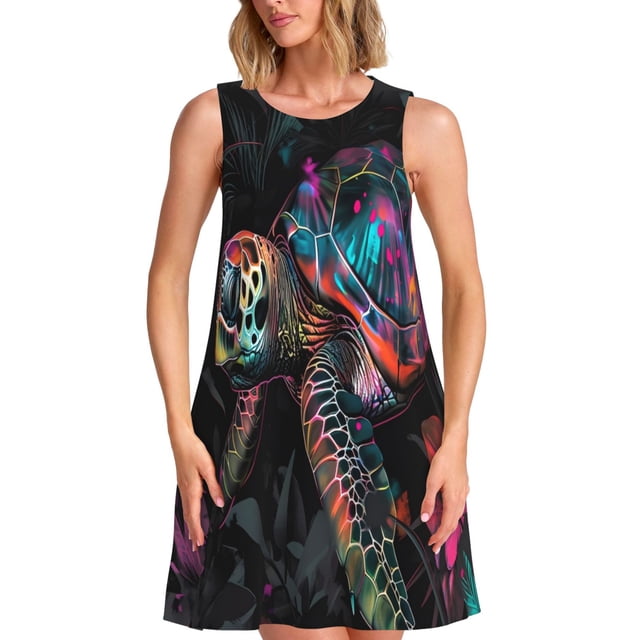 Bixox Robe Sans Manches à Imprimé Tortue Colorée pour Femmes avec Poches, Robe Décontractée Longueur Genou pour l'Été-3x-Grand