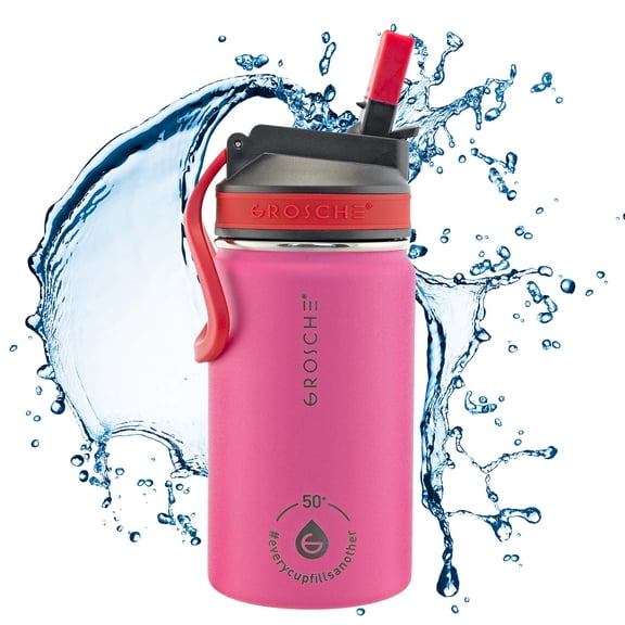 GROSCHE Lil Chill 12 oz Kids Water Bottle Insulated Water Bottle with Straw for Kids School with Straw Sip Lid - Pink