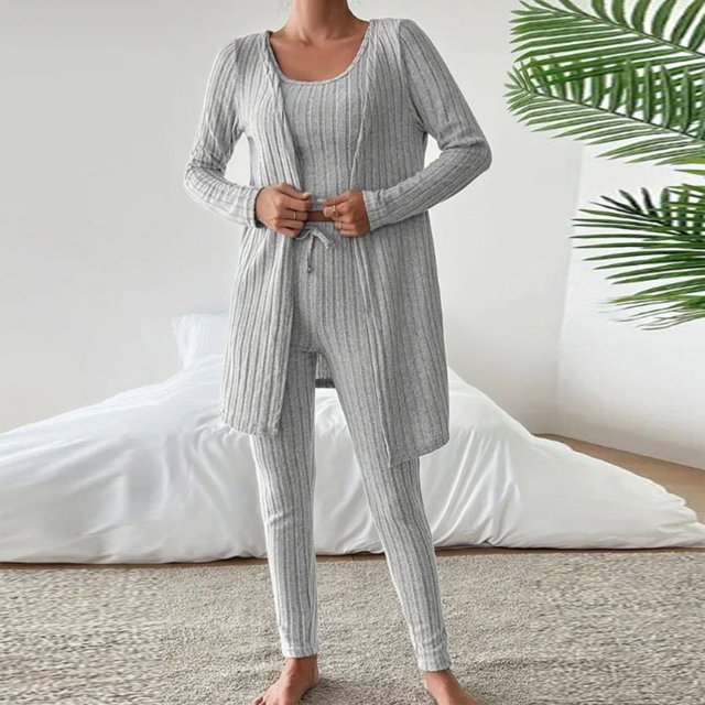 HongQid Womens Waffle Knit 3 Piece Lounge Sets Pajama Tank Top Long Sleeve Cardigan and Pants Loungewear Outfit
