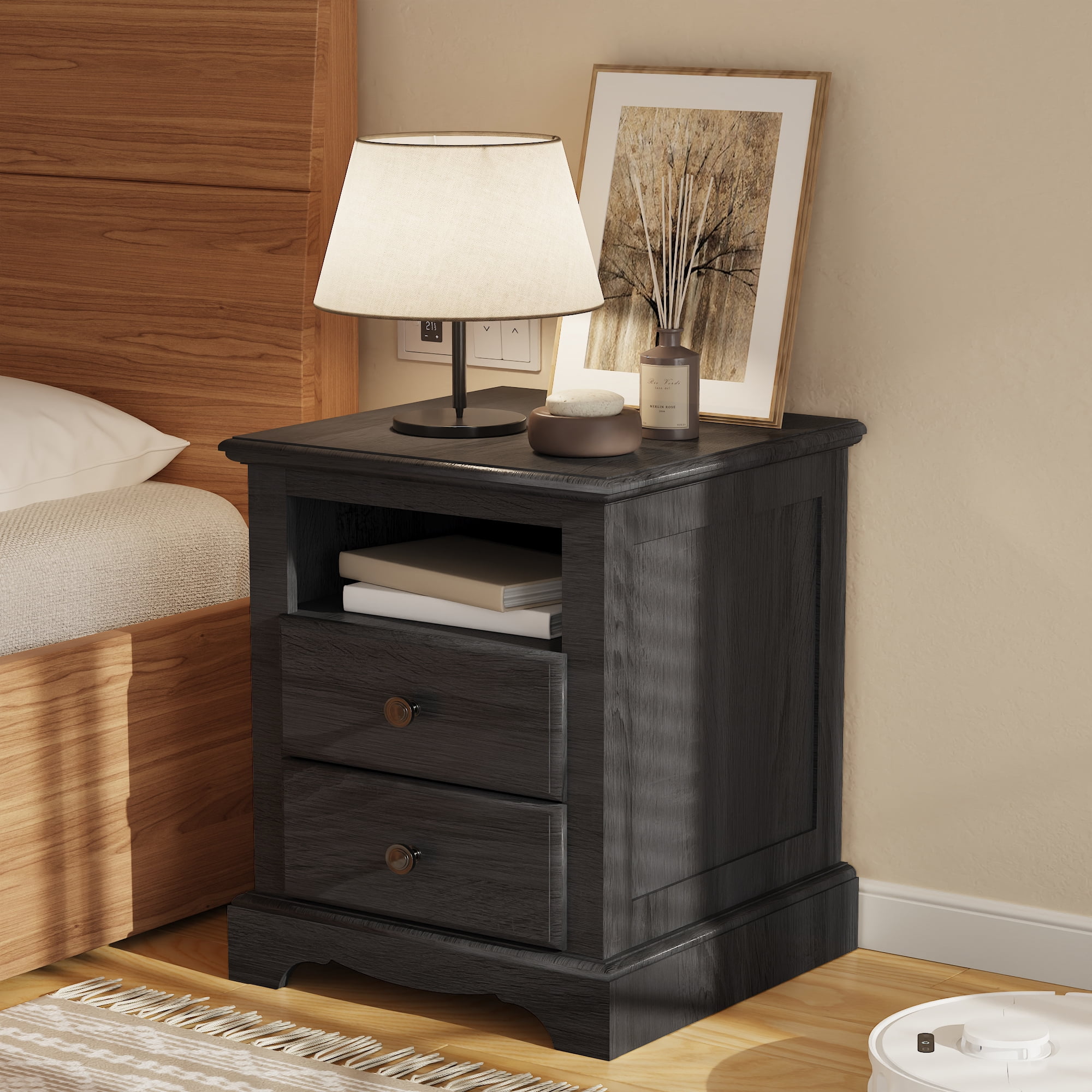 OKD Nightstand Set of 2 with Charging Station, Rustic End Table with 2 Drawers Farmhouse Side Table with 3-tier Storage Space Bedside Cabinet for Bedroom Living Room, Espresso