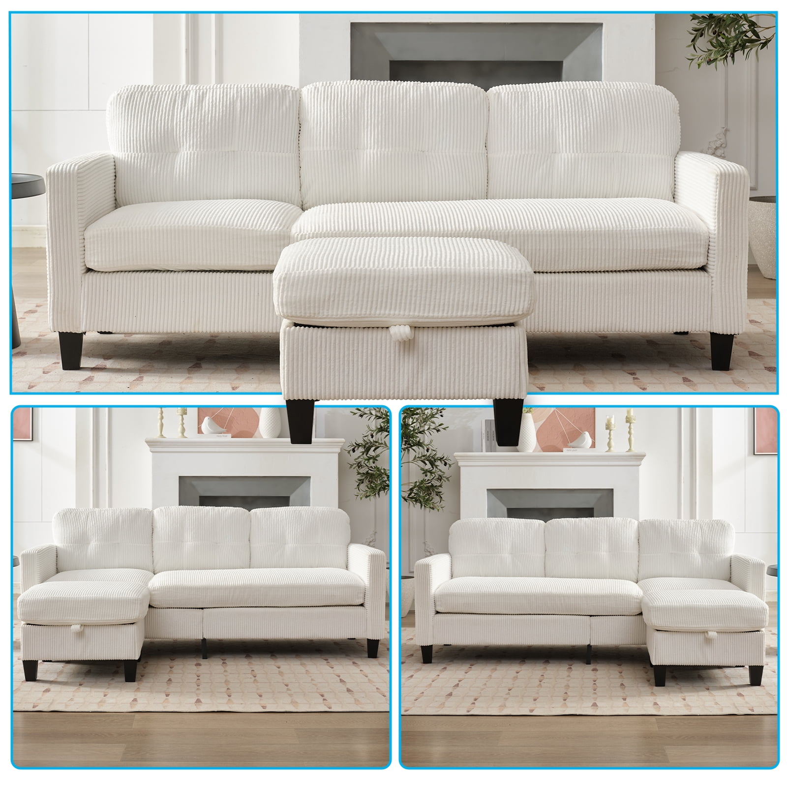 BALUS Sectional Sofa with Storage Ottomans, Small L-Shaped Sofa and Corduroy Couch for Living Room, Beige