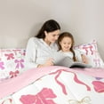thumbnail image 5 of Manfei Princess Pink Ribbon Queen Comforter Set for Kids, Chic Fashion Ribbon Bedding Sets, Cartoon Bow Theme Reversible Bedding Comforter Set, Ultra Soft Bedroom Decor, 3pcs, 5 of 8