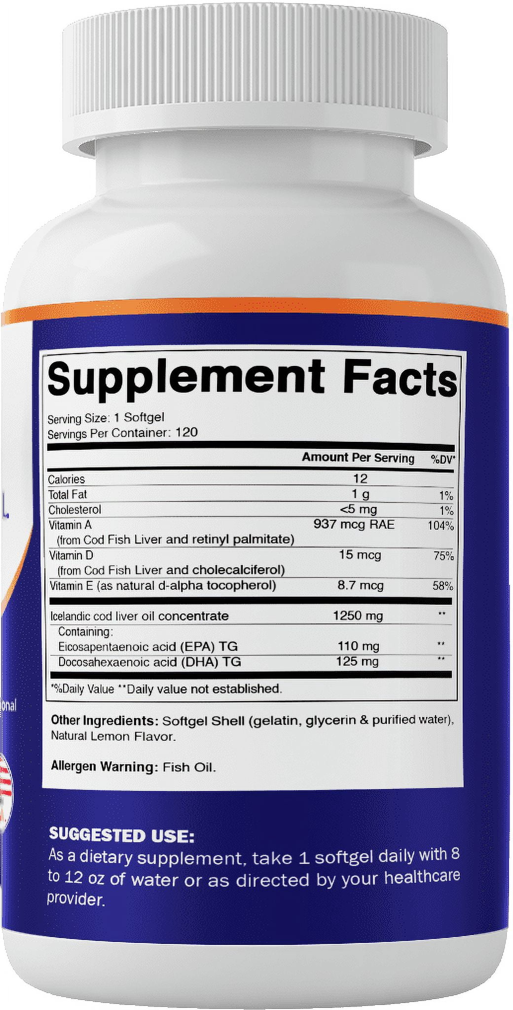 3 Pack - Vitamatic Icelandic Cod Liver Oil 1250mg 120 Softgels (Lemon Flavor) - Promotes Cardiovascular Health