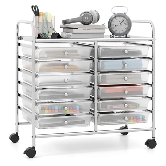 AIZYT 12 Drawers Rolling Cart, Mobile Storage Drawer Cart, Classroom Organizer Cart for Office School Supplies Tools Scrapbook Paper Craft Small Printer, Utility Cart on Wheels, Clear
