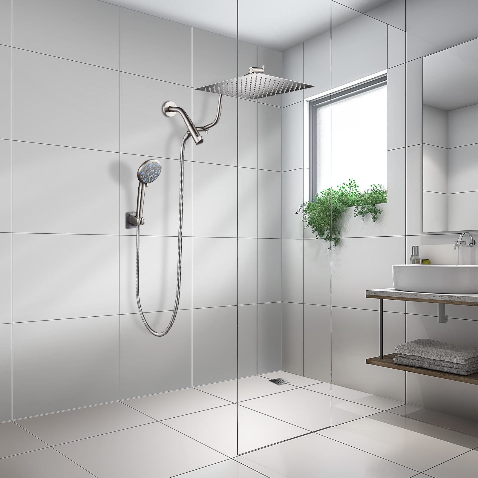 Cobbe 12-Inch Dual Shower Heads with Handheld Spray Combo, 3-Way Rain Shower Head, 9-Spray Patterns Handheld Shower, Brushed Nickel