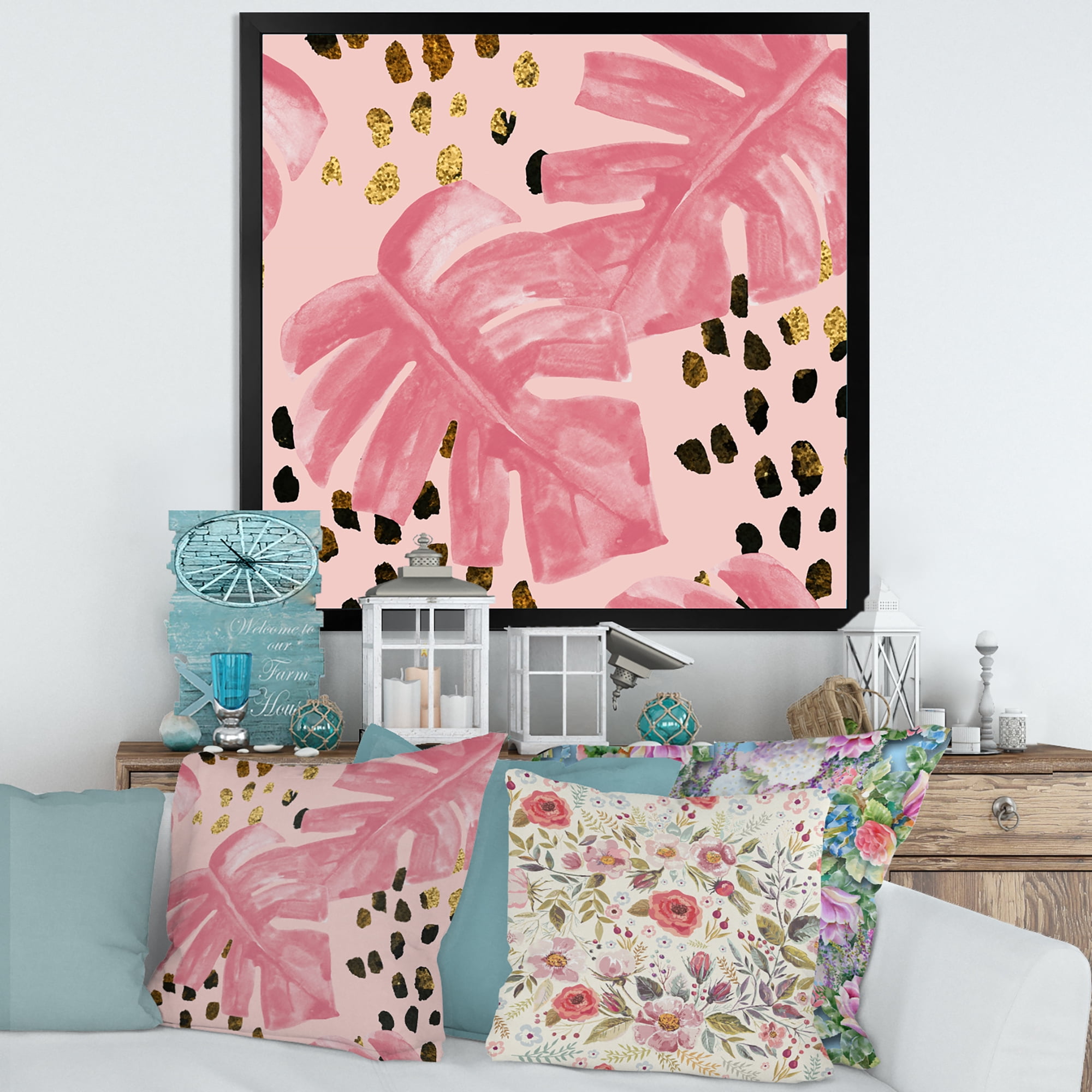 Designart 'Rough Brush Strokes Pink Colored Monstera I' Tropical Framed Art Print