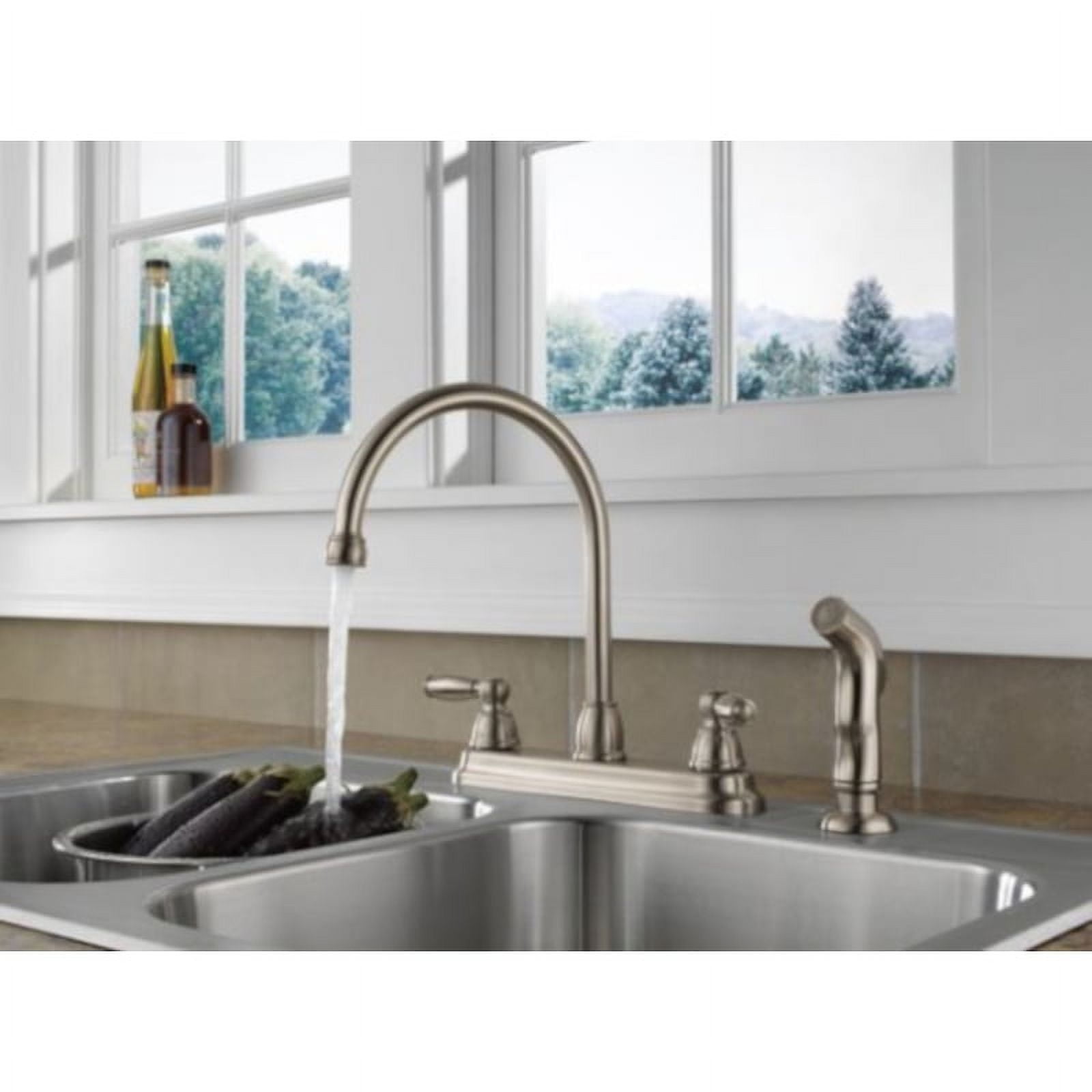 Peerless Claymore Apex Two Handle Stainless Steel Kitchen Faucet Side Wand Included
