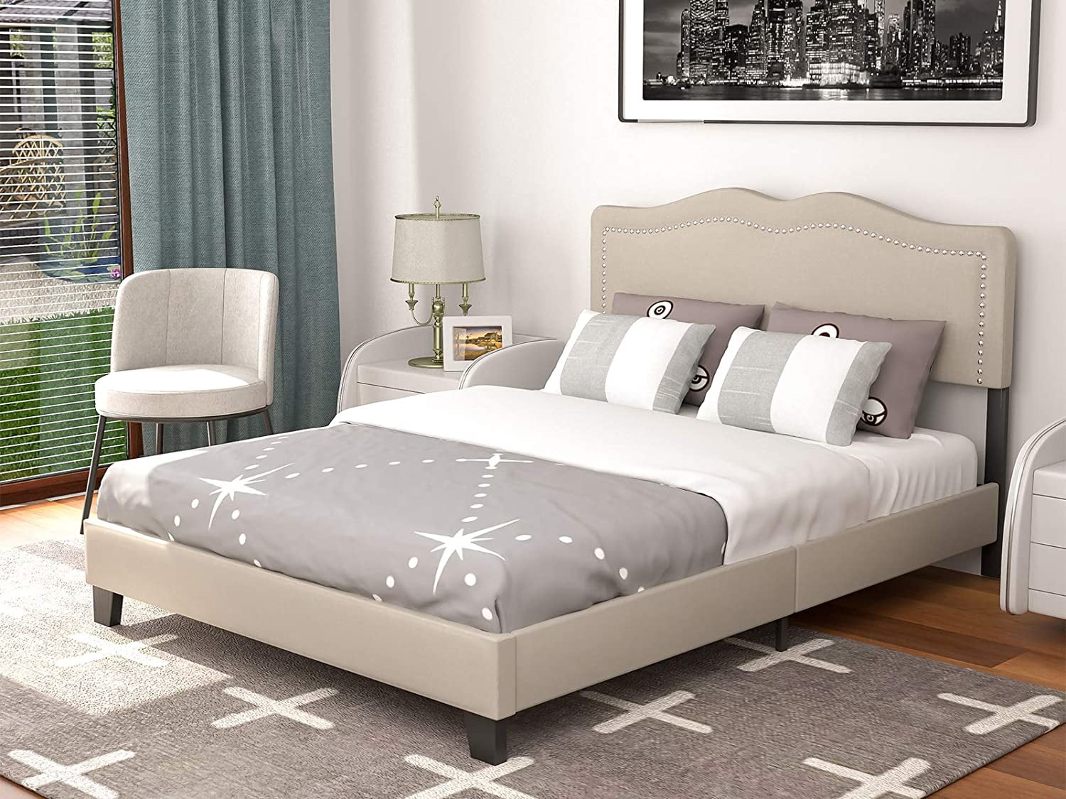 mecor Upholstered Linen Full Platform Bed Frame / Adjustable Height