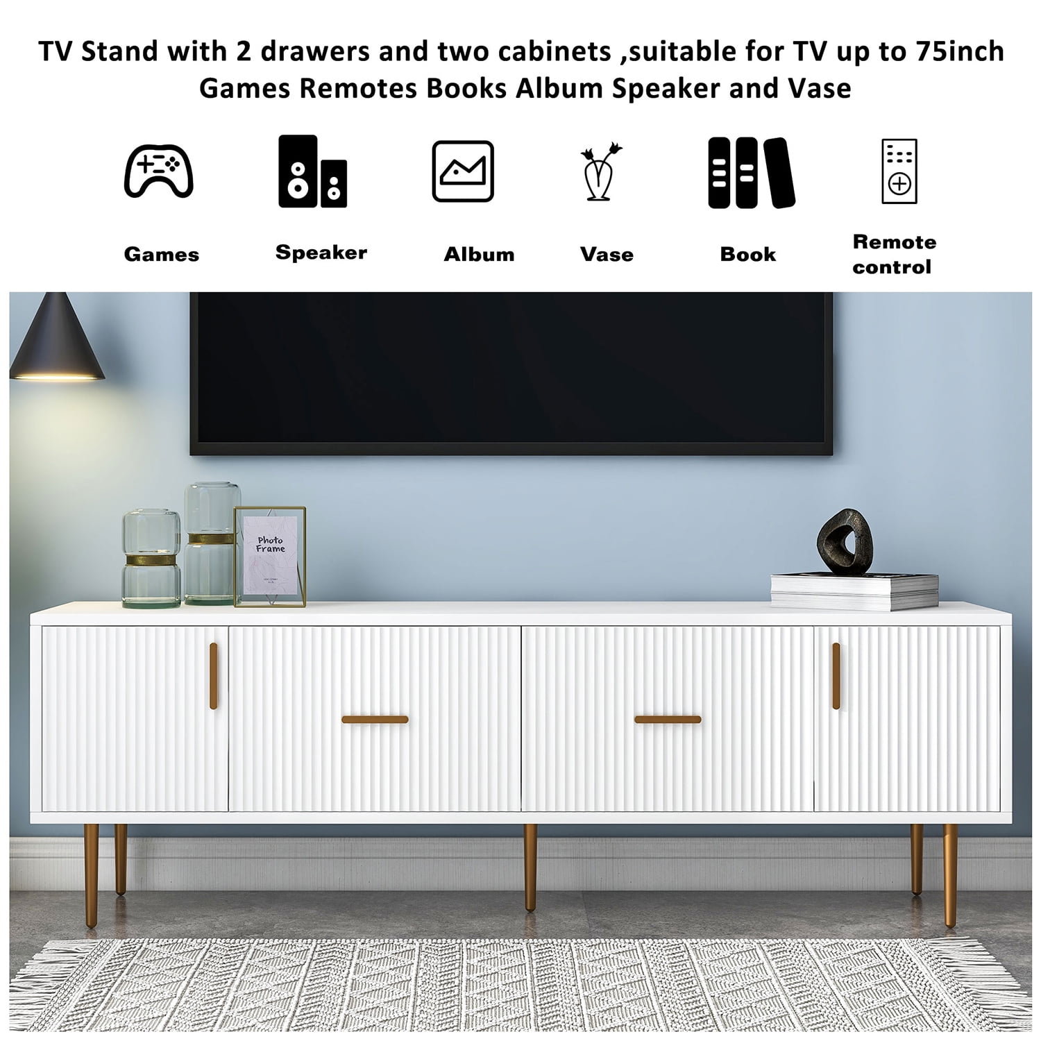 Kepooman Modern TV Stand with 5 Champagne Legs, TV Cabinet with Storage Bin for Living Room, White Kepooman Modern TV Stand with 5 Champagne Legs, TV Cabinet with Storage Bin for Living Room, White