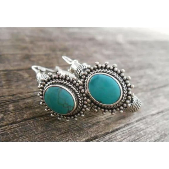 EOEMY Turquoise 925 Silver Vintage Ear Hook Earrings Women Wedding Dangle Drop Jewelry-#8