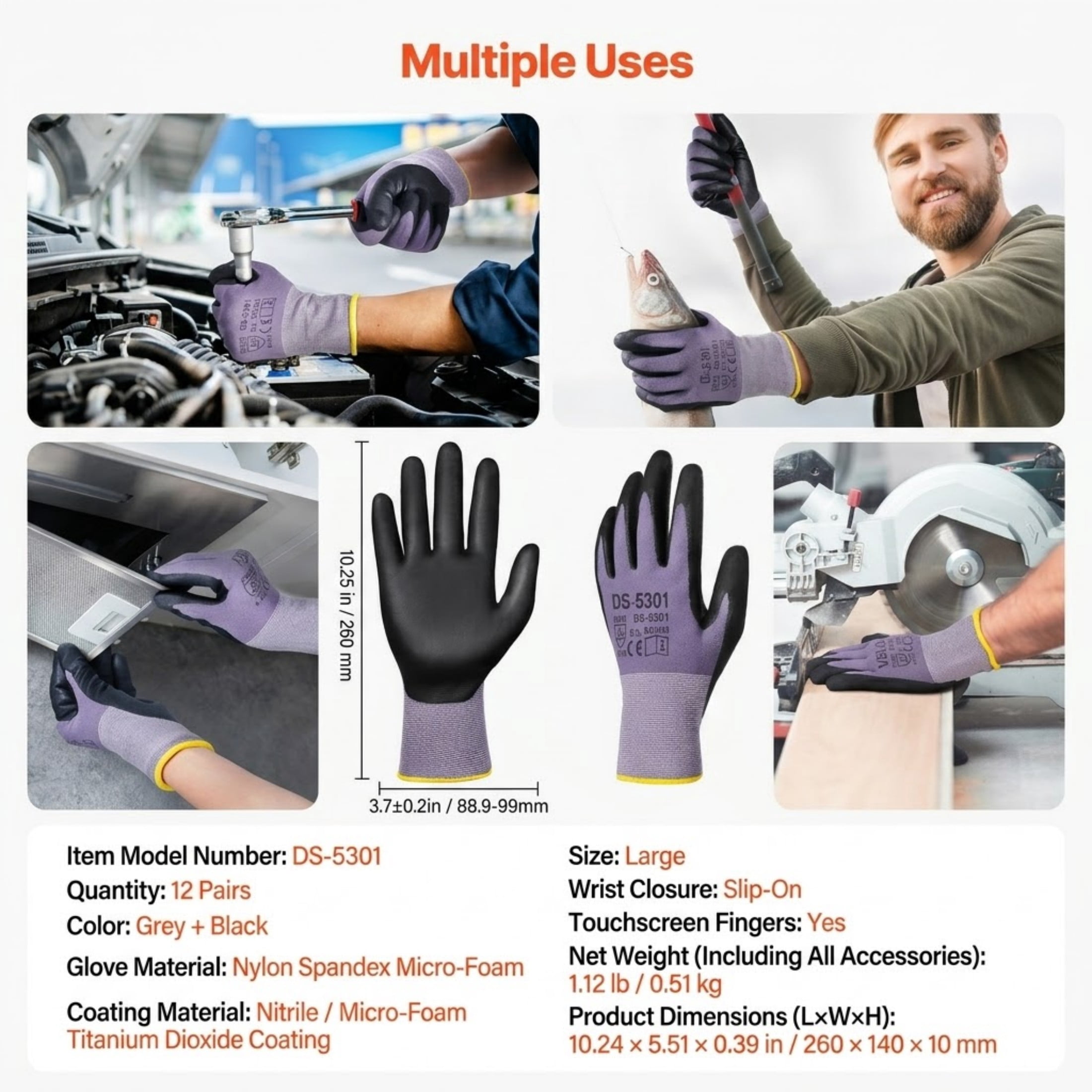 Work Gloves 12 Pairs Touch Screen Nitrile-Coated Garden Construction Gloves