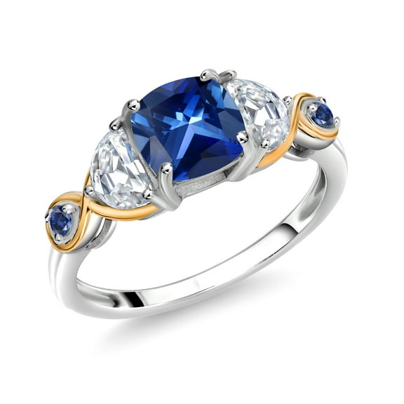 Gem Stone King 925 Silver and 10K Yellow Gold 3-Stone Ring Cushion Created Sapphire Half Moon Moissanite (1.66 Carat Cttw) (Size 9)