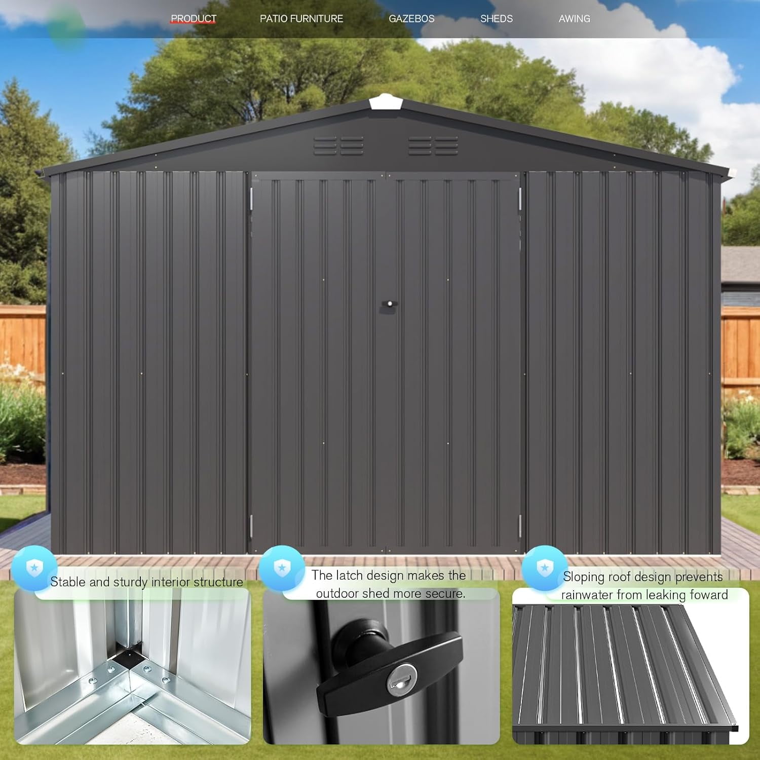 YODOLLA 8 x 10 ft. Outdoor Metal Storage Shed with Sliding Roof & Lockable Door in Dark Grey for Garden, Patio& Backyard