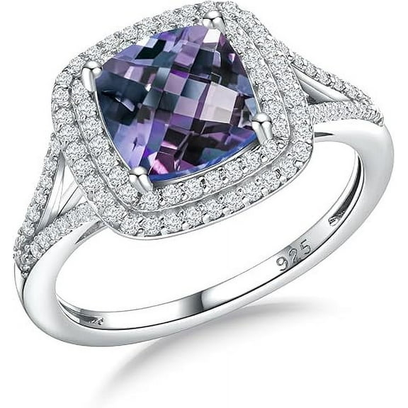 Gems Jewels 2.00 Ct Cushion Cut Alexandrite Wedding Engagement Halo Ring 14K White Gold Plated 925 Sterling Silver For Women's -4.5
