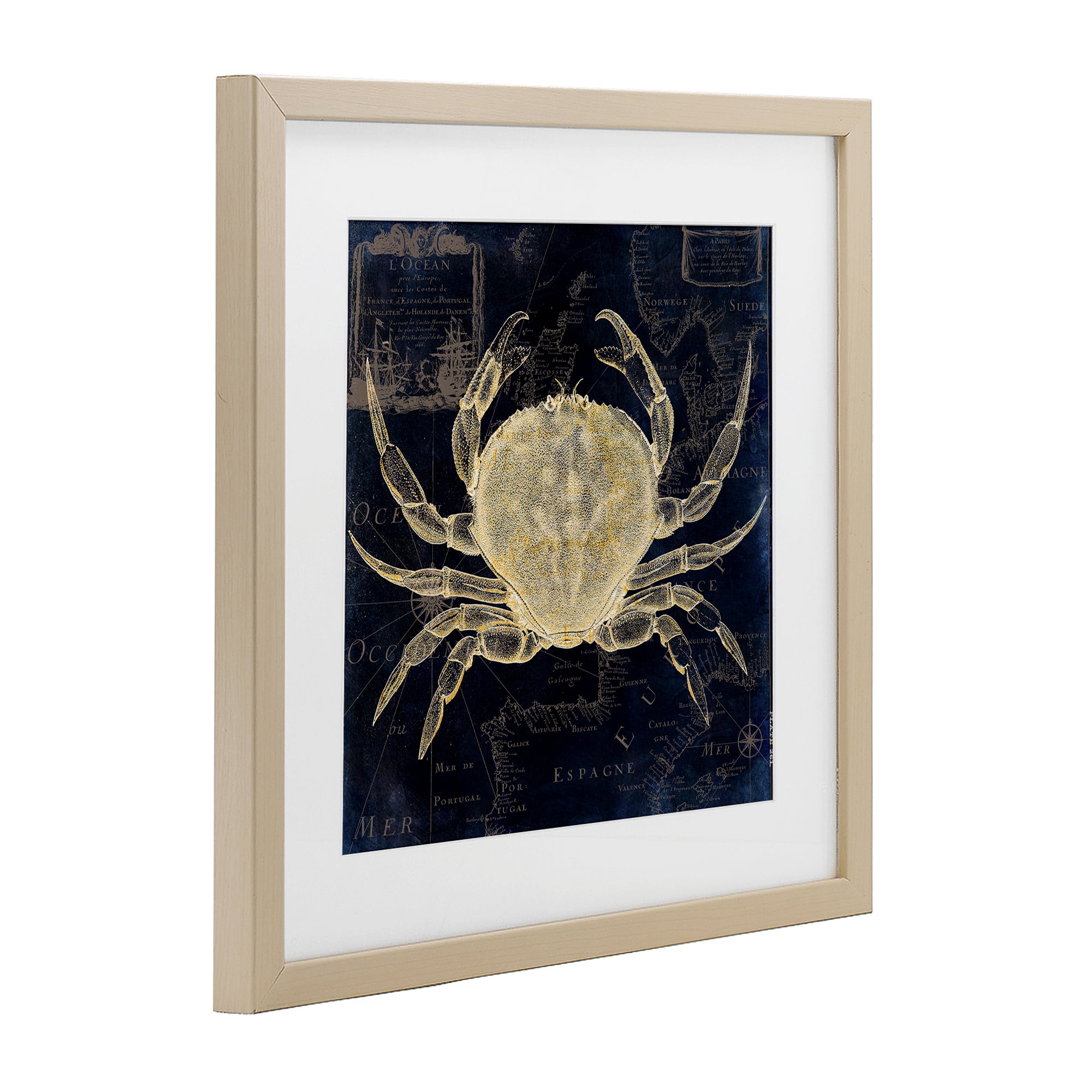 Crab Contour over Map Birch Framed Print Under Glass, design by Sasha