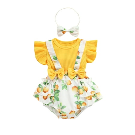 

2Pcs Sweet Toddlers Baby Girls Outfit Summer Floral/Lemon/Dot Printing Fly Sleeve Splicing Romper + Bow Headwear Set 0-24Months