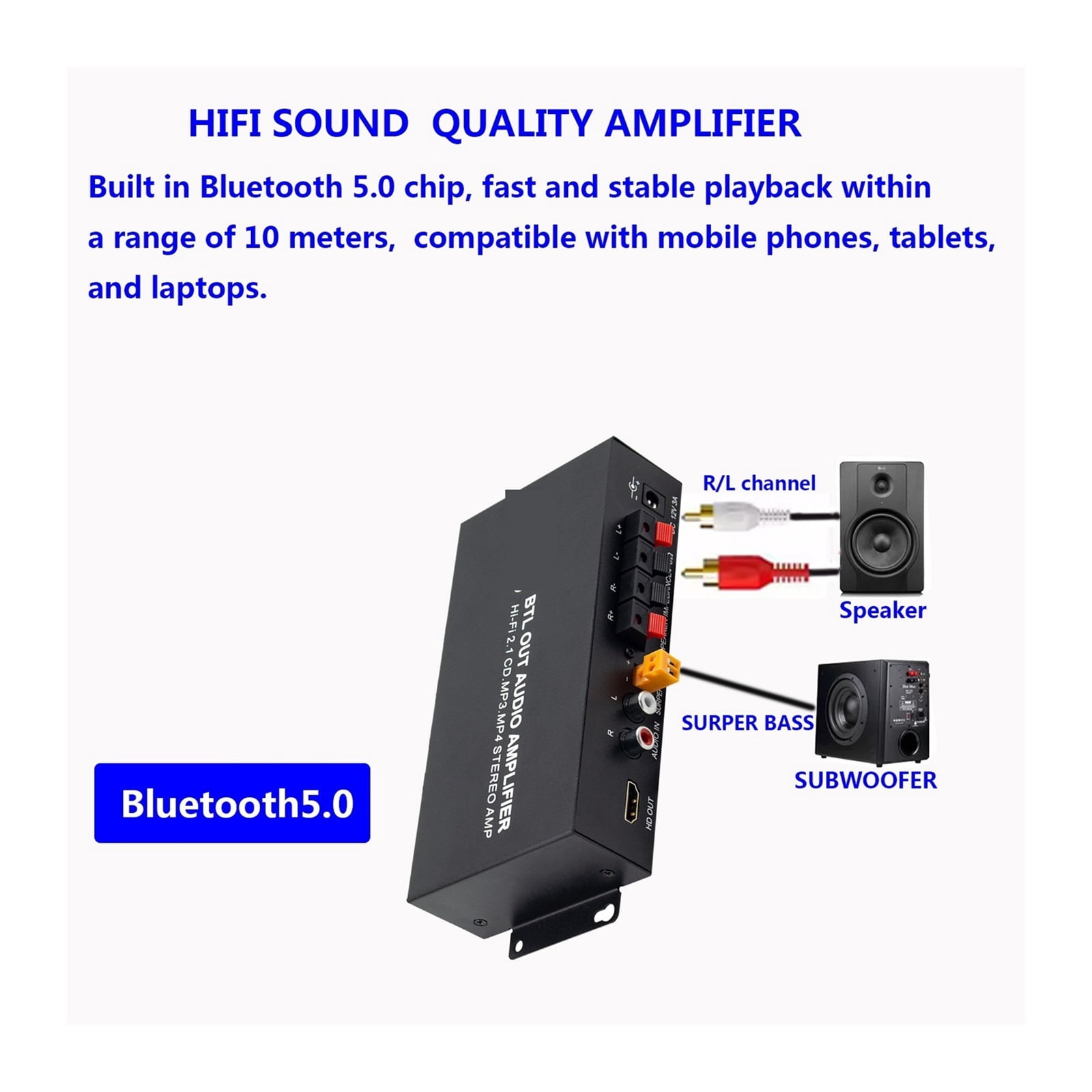 Power Amplifier 80Wx2 Subwoofer HI-FI 2.1CH Amplifier Stereo Bass Sound Bass MP3 Car Power Amp ,Bass & Treble Control