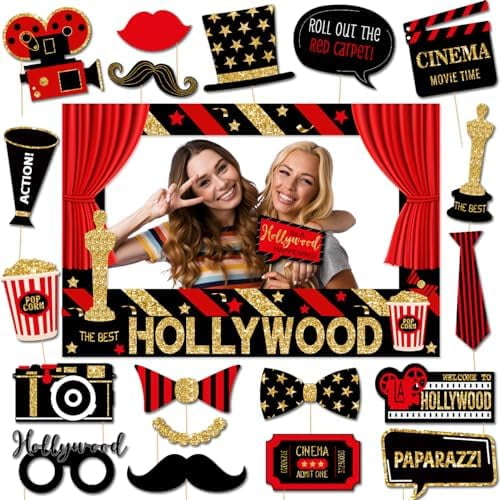 Hollywood Theme Party Decorations Movie Night Photo Booth Props Hollywood Photo Frame and Props for Movie Theater Themed Red Carpet Birthday Party Favors Supplies, 21 Pieces