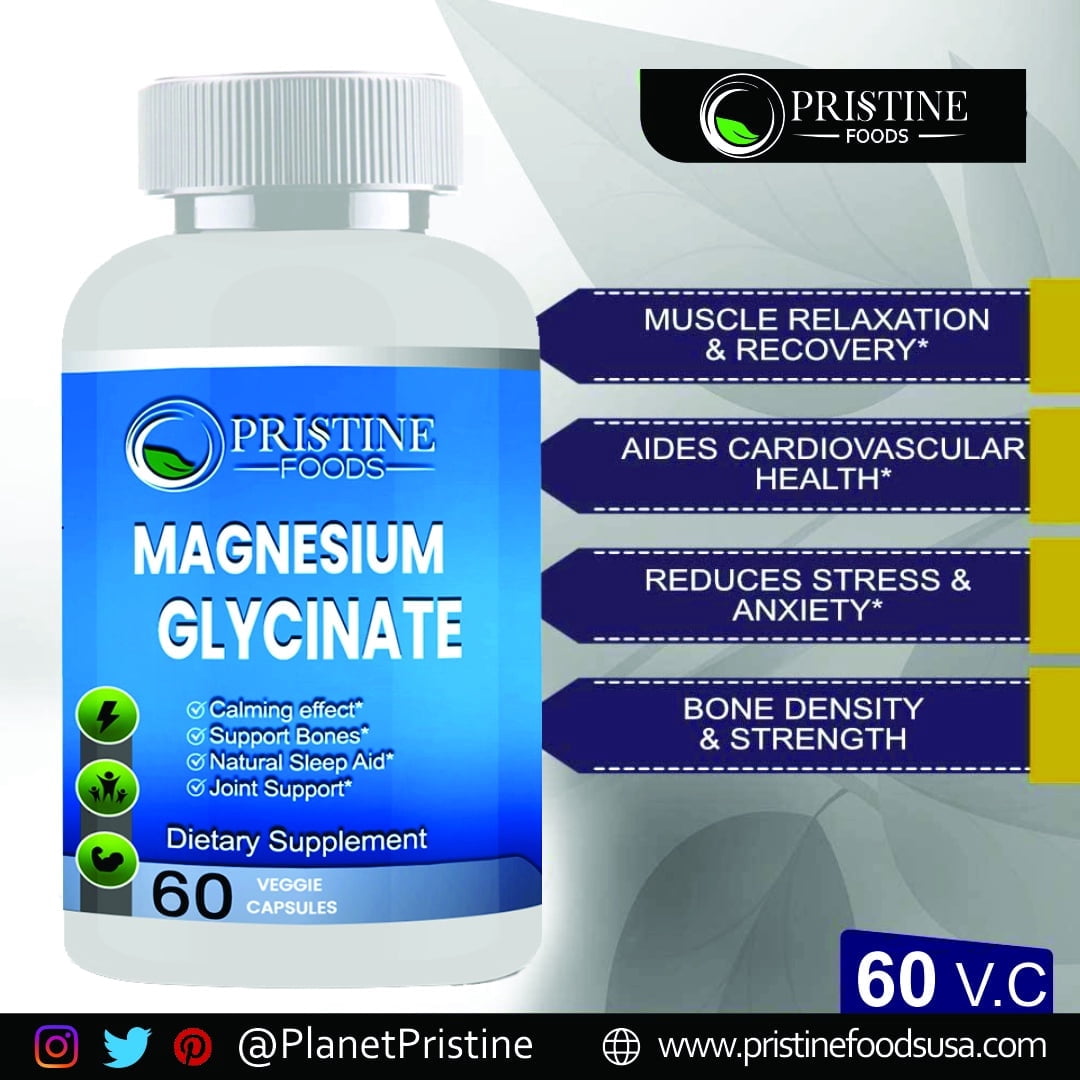 Pristine Foods Magnesium Glycinate 400mg per Serving - High Absorption Muscle Relaxation, Bone & Joint Support, Chelate Supplement - 90 ct. 2 Pack