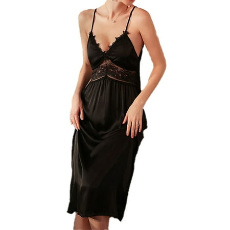 Awevudst Women s Summer Slip Sleep Dress Spaghetti Strap Lace Satin Lingerie