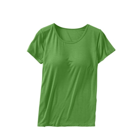 ibuvkizy Womens Summer Tops Clearance Womens Built in Bra T Shirt Loungewear Shirt for Women Plus Size Crop Top Built in Bra Short Sleeve Crew Neck Nightwear T-Shirt