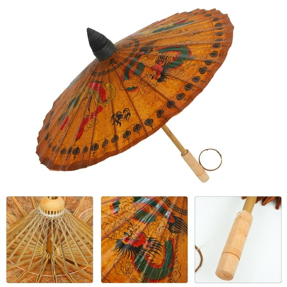 HEMOTON Brown Hand-Painted Oiled Paper Umbrella with Solid Wood Handle, Ideal for Dancing - 1 Piece