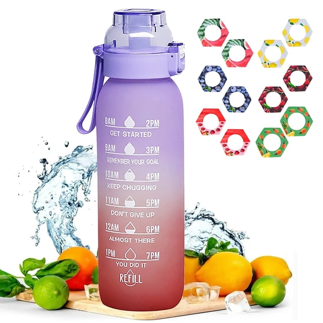 Botella de perfume de 1 litro, juego de botella de agua actualizada con 12 cápsulas, pajita para beber, sin azúcar, botella de agua para exteriores gratis