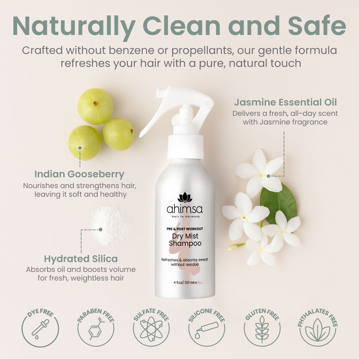 Ahimsa Dry Mist Shampoo, Residue-Free, Dark Hair Friendly, Vegan & Cruelty-Free, Pre & Post Workout, 4 oz
