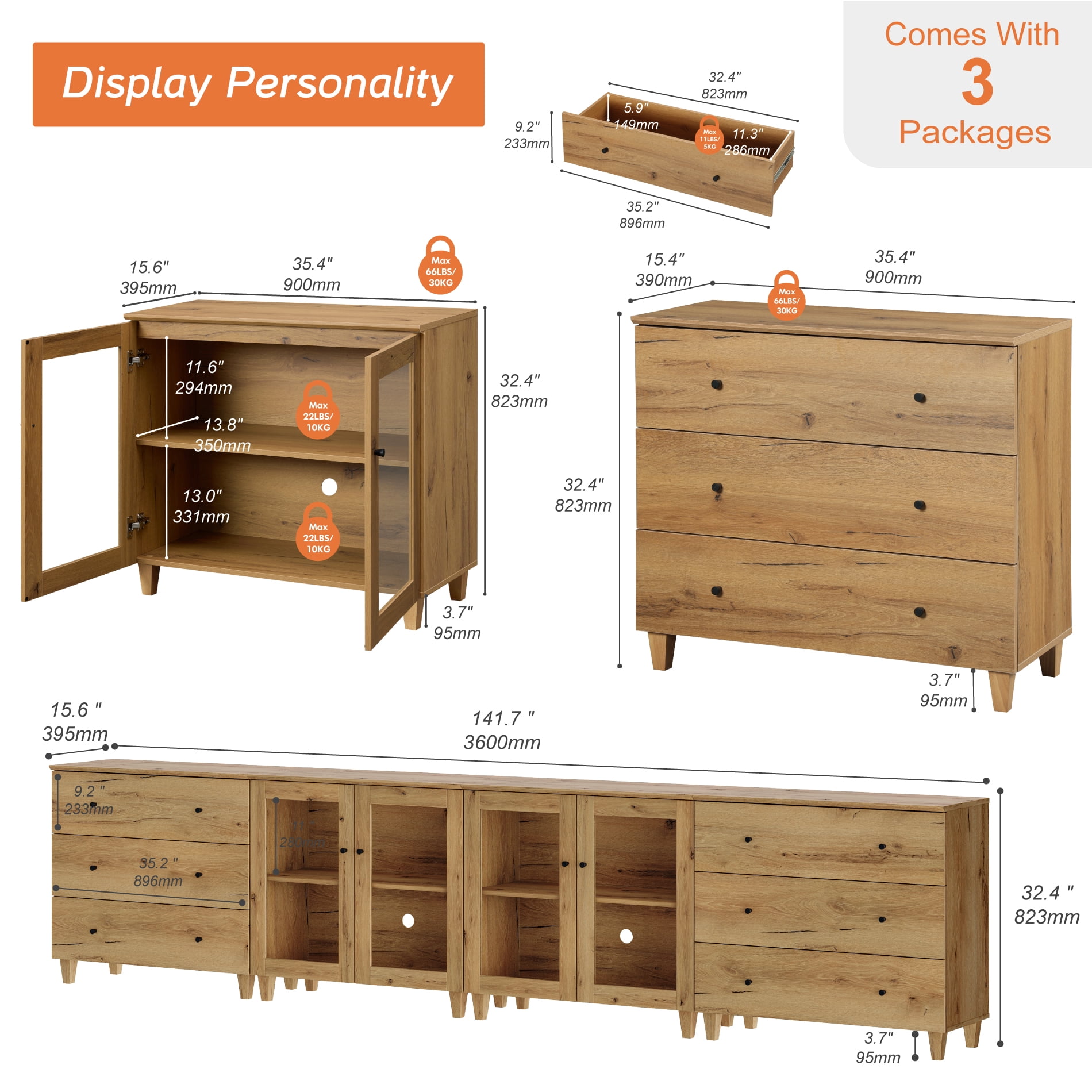 Modular Buffet Cabinet Sideboard With Glass Doors, Wide Drawers, Adjustable Shelves and Cable Management For Kitchen Dining Room, 142" W, Brown Wood