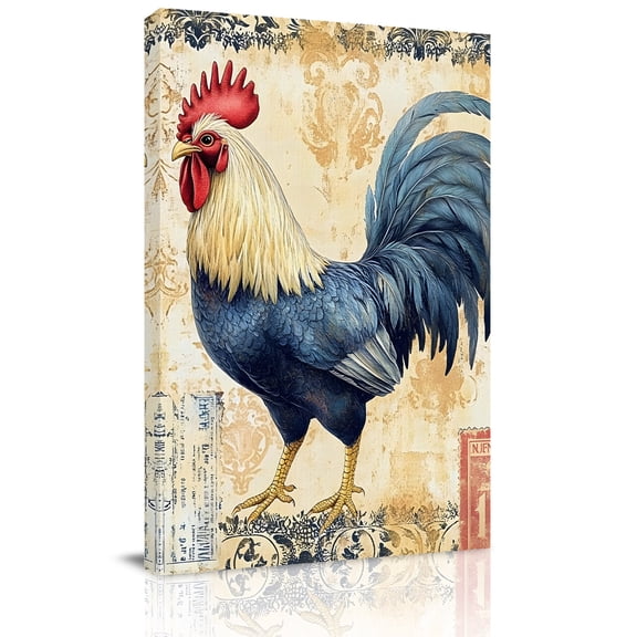 Navy Blue Rooster Canvas Wall Art for Living Room, Vintage Watercolor Animal Pastoral Farmhouse Country Poster Print Painting for Bedroom Office Home Decoration Wall Pictures Prepare To Hang 12"x18"