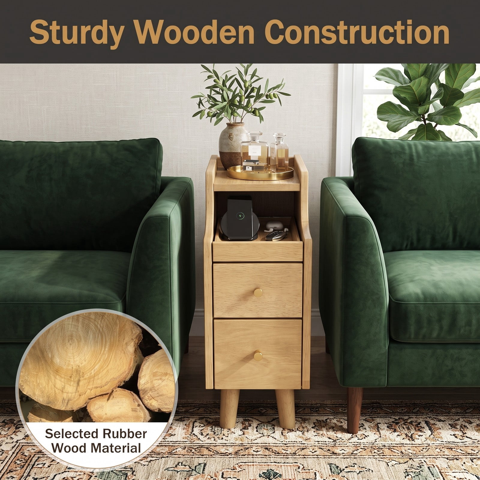Furnibear Narrow Nightstand with Pull-out Tray and 2 Storage Drawers, Slim Solid Wood Bedside Table for Small Spaces and Tight Corners, Natural