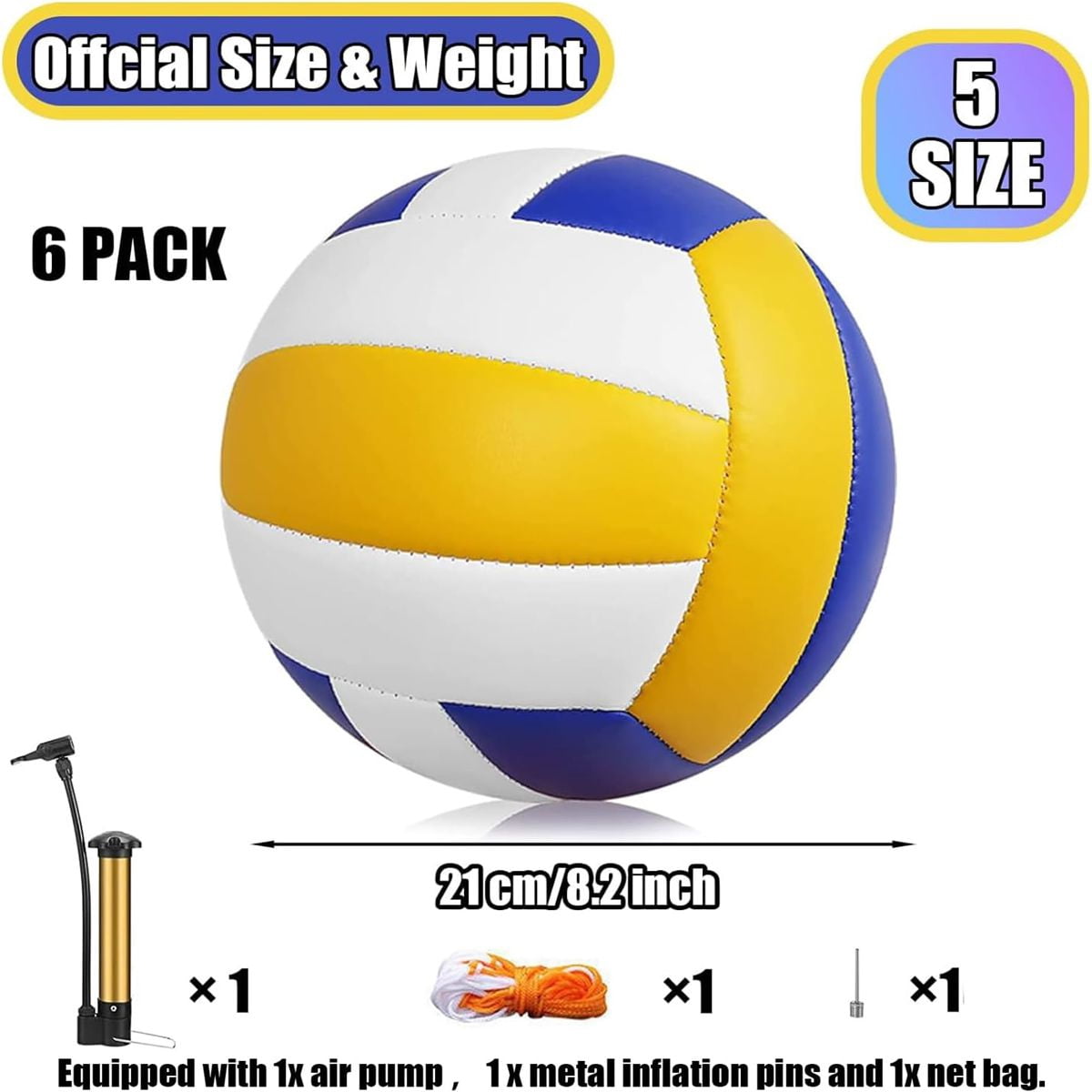 Magicorange 6 Pack Volleyball Ball, Official Size 5 Light Volleyballs with Ball Pump for Beach Play, Game, Gym, Training