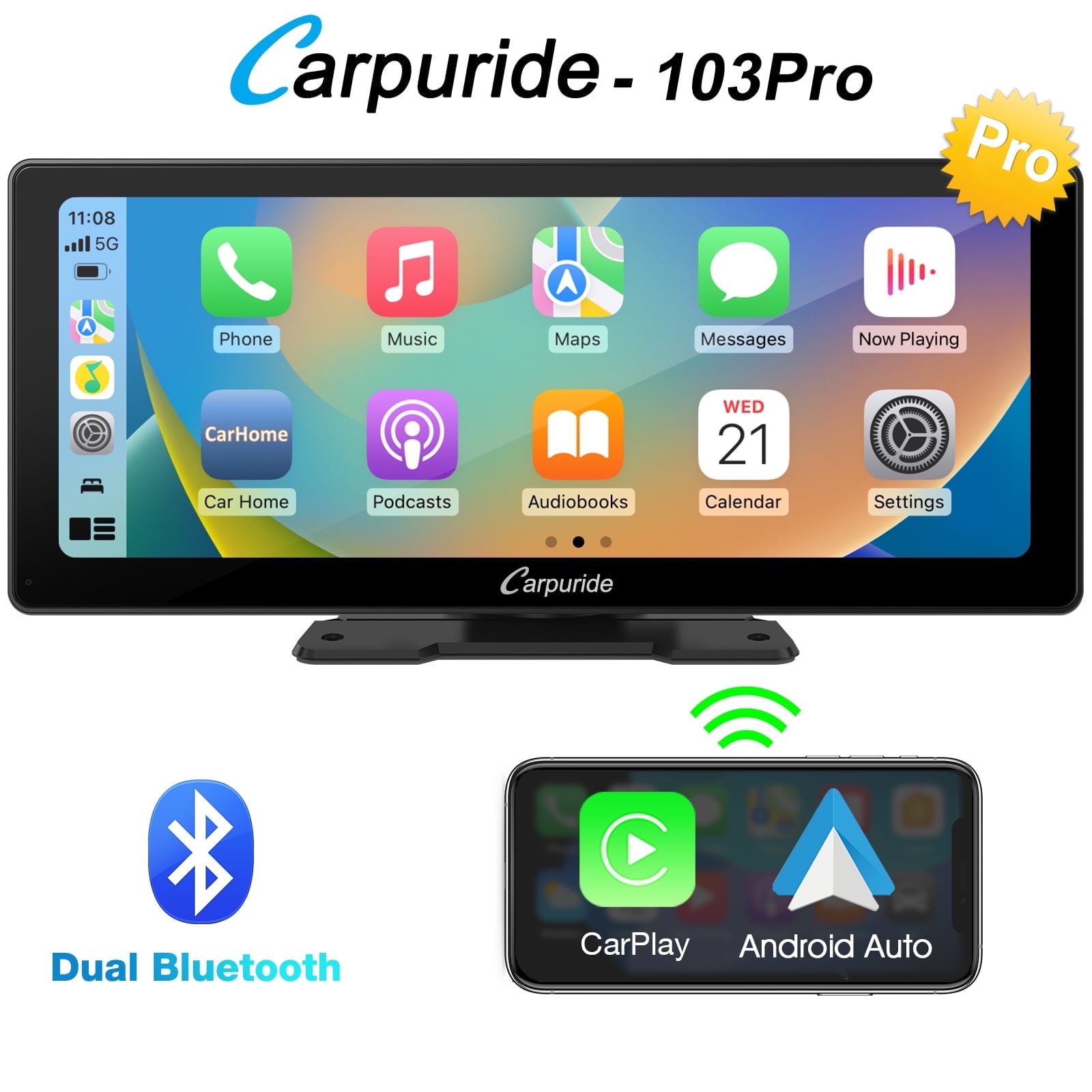 Carpuride Wireless BT Trans for Carplay &A- auto Portable Car Stereo, 11.3" Smart Display W103Pro