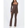 thumbnail image 2 of Women Sexy Ribbed Yoga Jumpsuit Long Sleeve Square Neck Bodycon Flared Pants Workout One Piece Bodysuit, 2 of 5