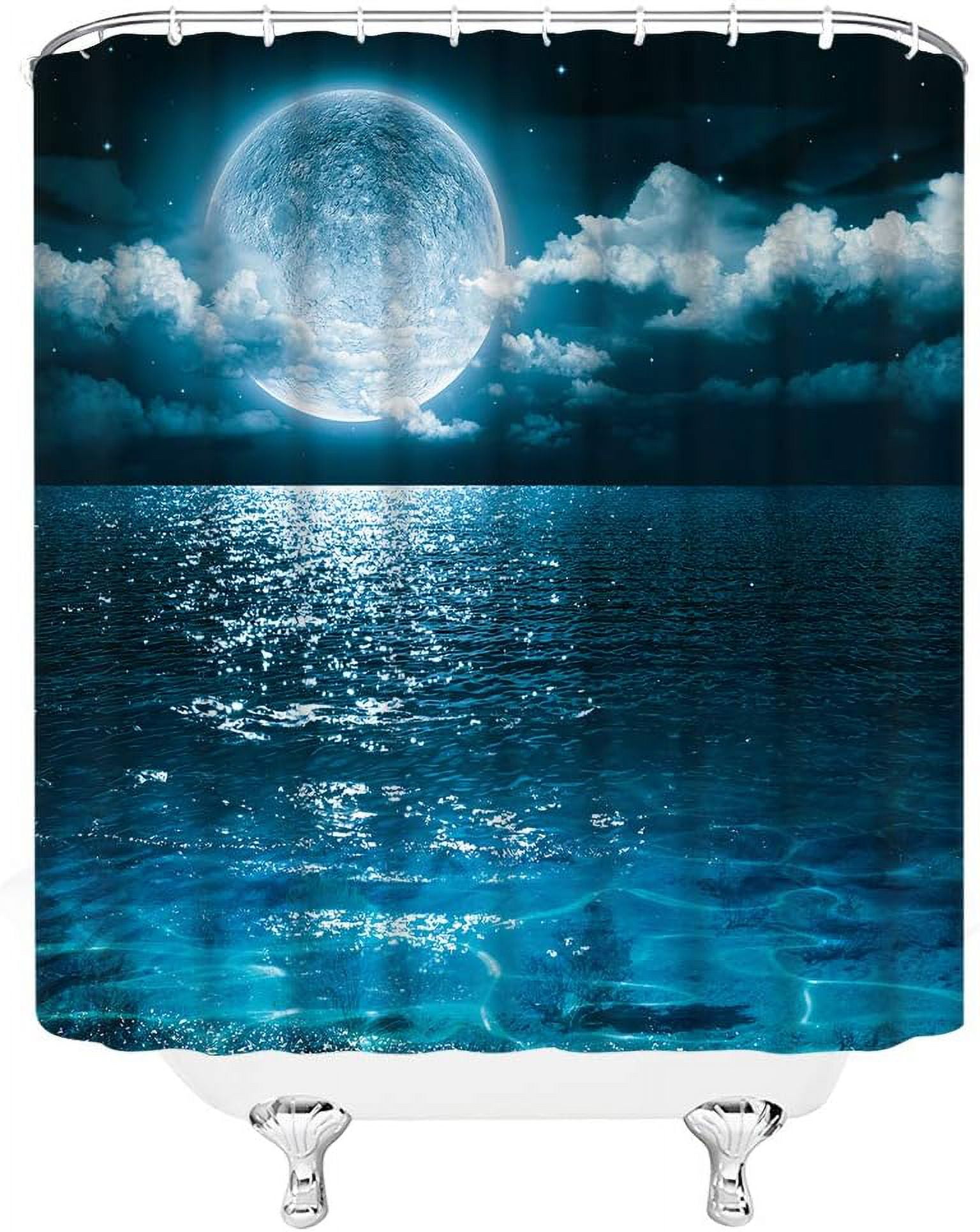 Moon Shower Curtain Full Moon Over Sea Ocean Clouds Planet Star Sky Dreamy Night Scene Black Blue Gray Bathroom Curtains Decor Polyester Fabric Include Hooks,(70" WX70 H)
