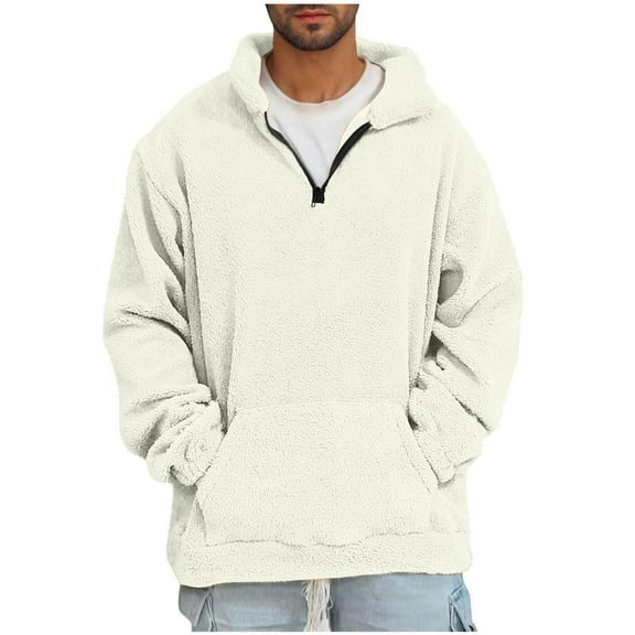 1/4 Zip Pullover Men Ultra Soft Fleece Sweater Pullover Pocketed Fuzzy Winter Sweatshirt Coat (XL, White)