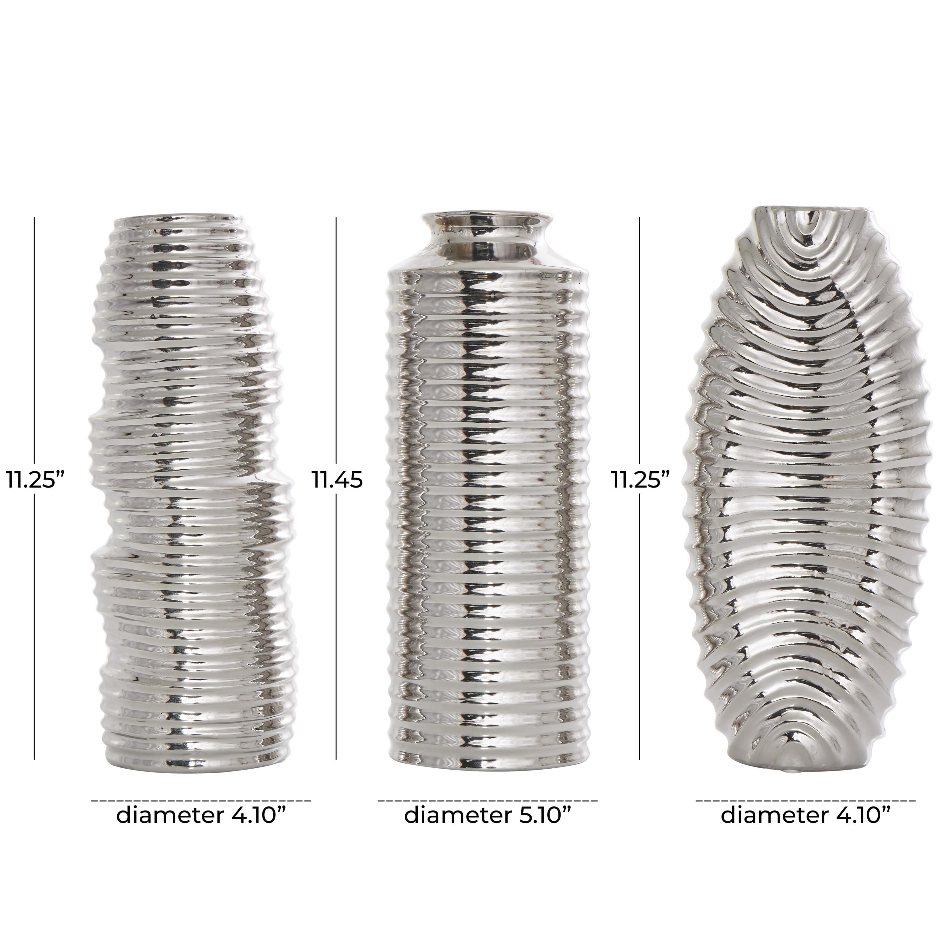 DecMode 4"W, 11"H Dimensional Ribbed Silver Ceramic Vase with Varying Shapes, Set of 3