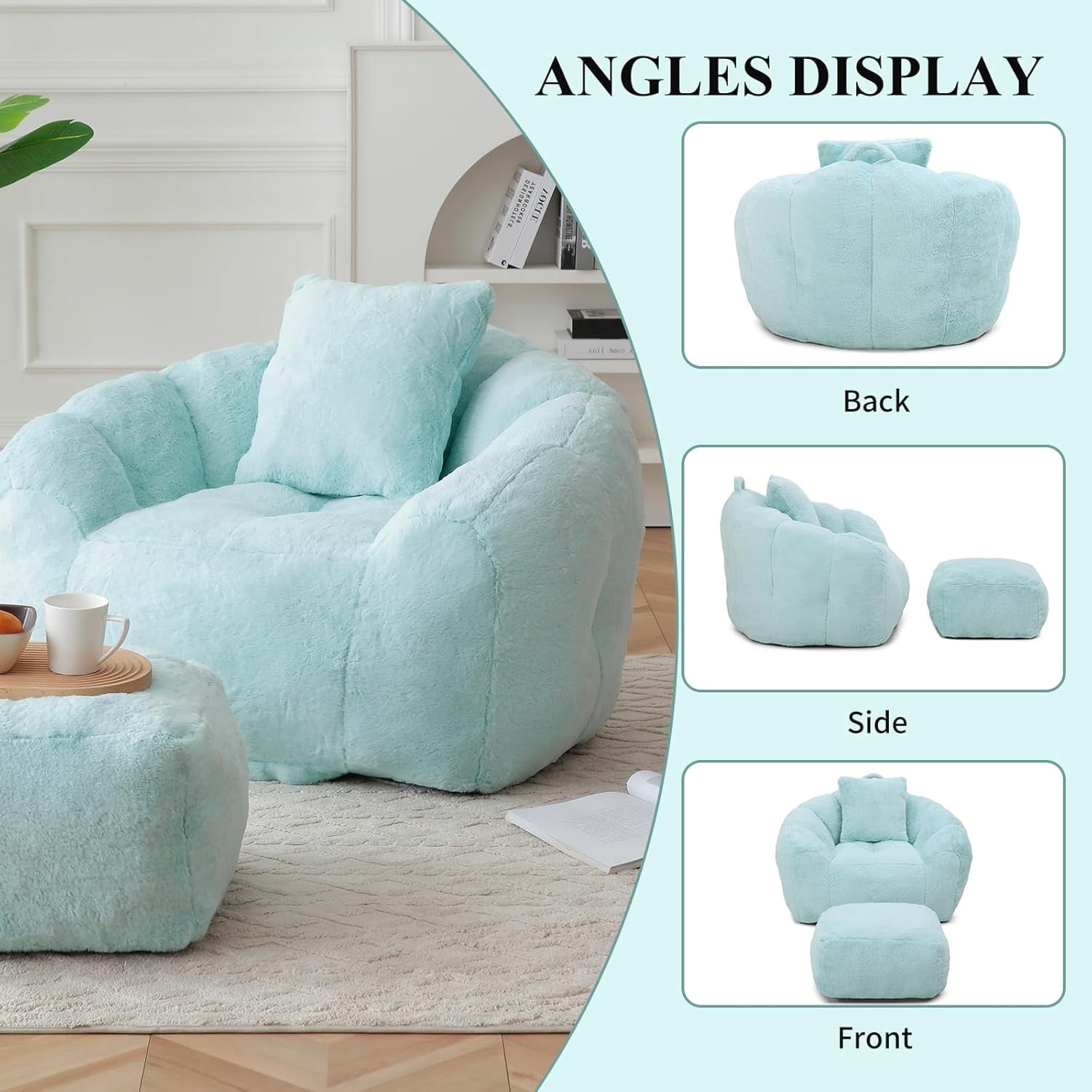 Giant Bean Bag Chair with Footstool for Adults and Kids, Faux Fur Upholstered Beanbag Chair with Shell-Shaped Design, Comfy Bean Bag Sofa with Pillow and Footstool, Floor Sofa Chair for Bedroom,Blue
