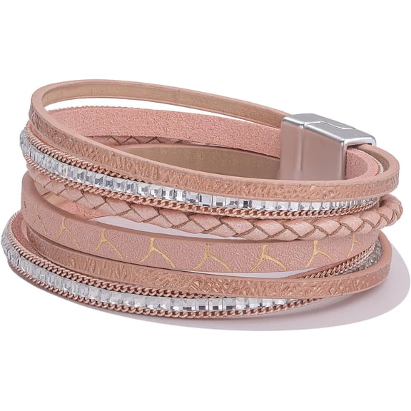 Boho Leather Wrap Bracelets Trendy Layered Bracelets with Magnetic Clasp Strackable Bohemian Jewelry Gifts for Women Rose Gold {件数}