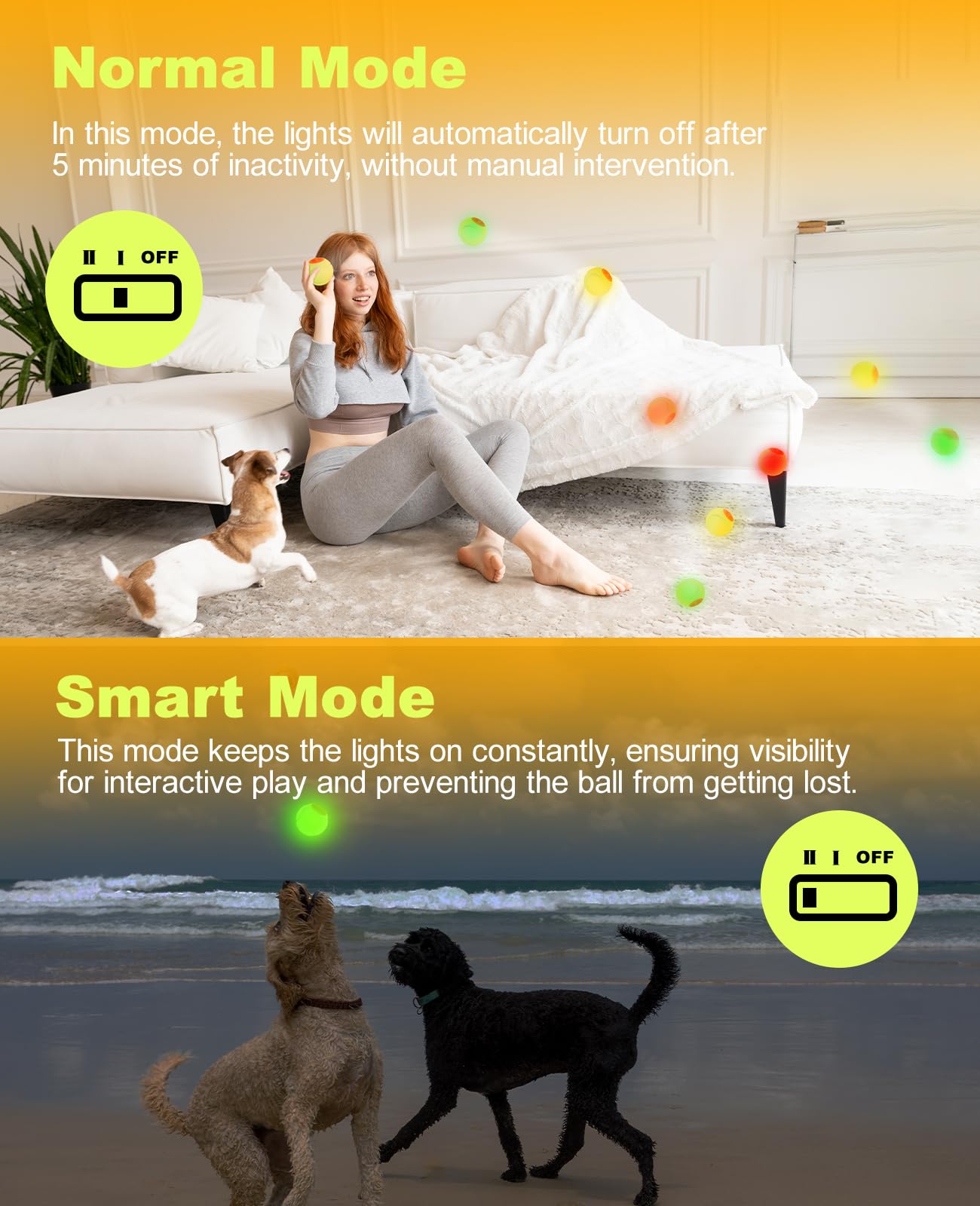 LED Light Up Dog Ball Toys, Rechargeable Bounce-Activated Durable Fetch Ball, Natural Rubber, 2.5 inches