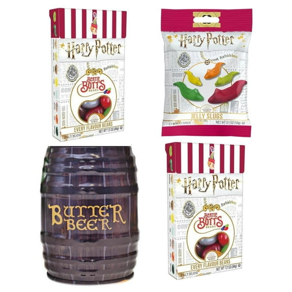 Jelly Belly Harry Potter's Favorites, Pack of 4 (Butterbeer Barrel Tin, Bertie Bott's, & Jelly Slugs Chewy Candy) by Lyza's Sweets & Treats
